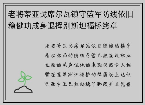 老将蒂亚戈席尔瓦镇守蓝军防线依旧稳健功成身退挥别斯坦福桥终章