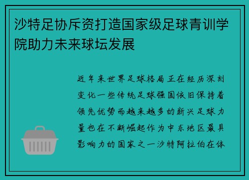 沙特足协斥资打造国家级足球青训学院助力未来球坛发展
